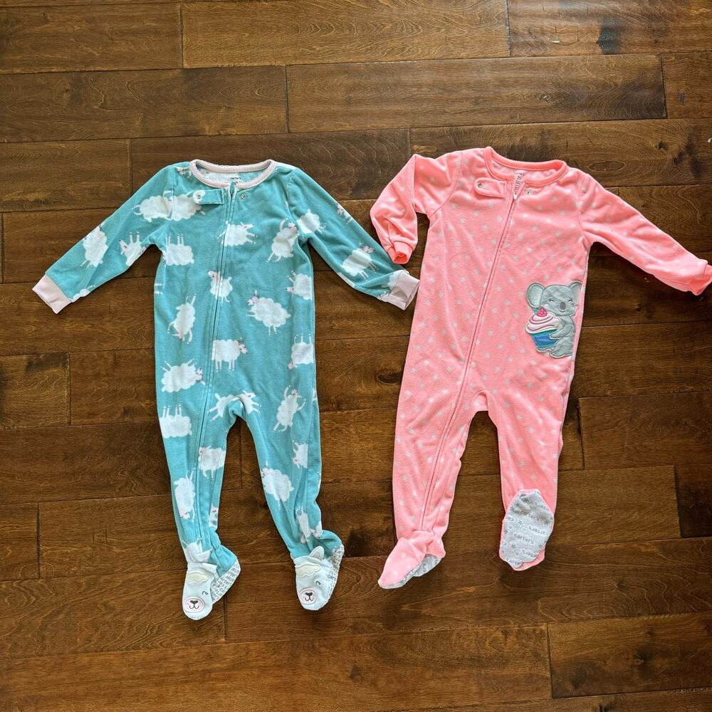 Carter's Girls 2T Pajamas Fleece Zip Up Footie Green Pink Lot of 2